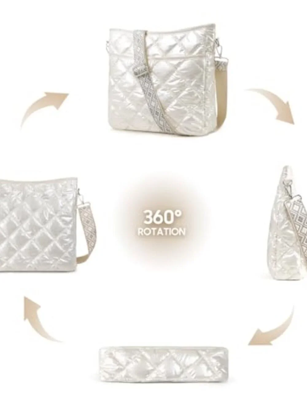 Quilted Crossbody Bag with Patterned Strap, Lightweight & Foldable